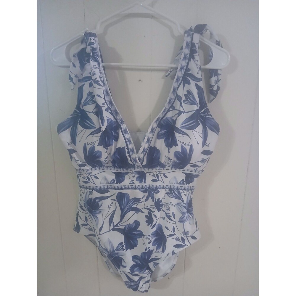 Blue White Floral Print One Piece V Neck Swim Suit Womens Size Large Beach Boho